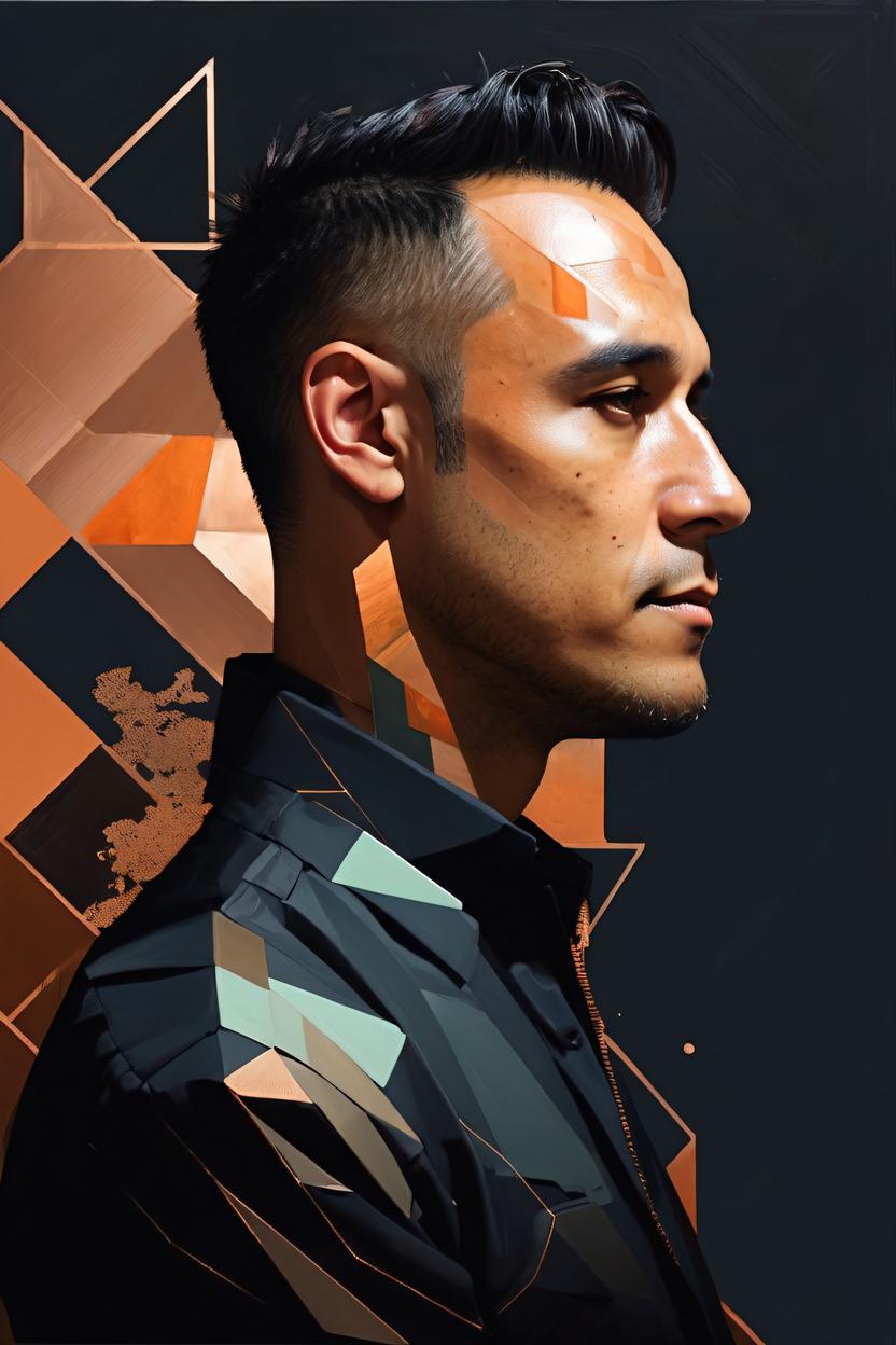 Artificial Intelligence (AI) generated image art, man, profile picture by Sachin Teng, asymmetrical, Organic Painting , Matte Painting, geometric shapes, hard, black, copper