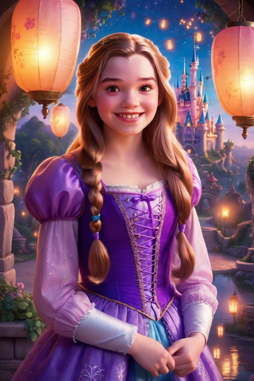 Artificial Intelligence (AI) generated image art, woman, As Rapunzel, a young woman Disney princess, beautiful with exceptionally long hair, glowing floating lanterns in the background. In Disney art style.