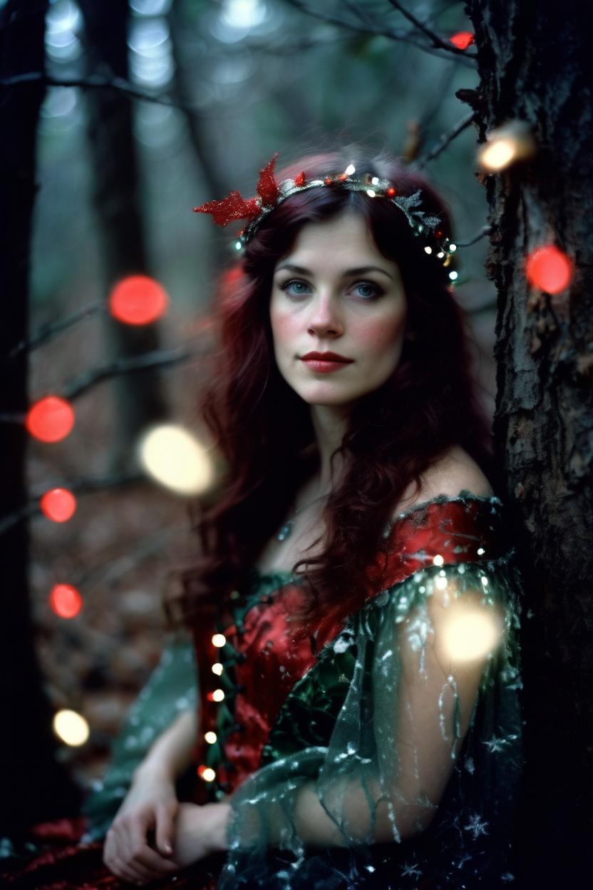 Artificial Intelligence (AI) generated image art, woman,Beautiful woman photorealisitc portrait, Shot on 28 mm kodak camera, award winning photography,Photography by annie Leibovitz, christmas lights in trees, christmas ethereal charm, beautiful woman wearing red.
