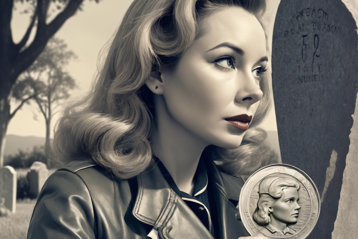 Artificial Intelligence (AI) generated image art, woman, as Nancy Drew, holding a magnifying glass to examine the headstone in vintage photo realistic illustration like the style of Grossett & Dunlap's Nancy Drew mysteries series in the 1960's. Vintage 50s-60s style clothing and hair. Only slightly in profile, woman is examining a headstone with a magnifying glass
