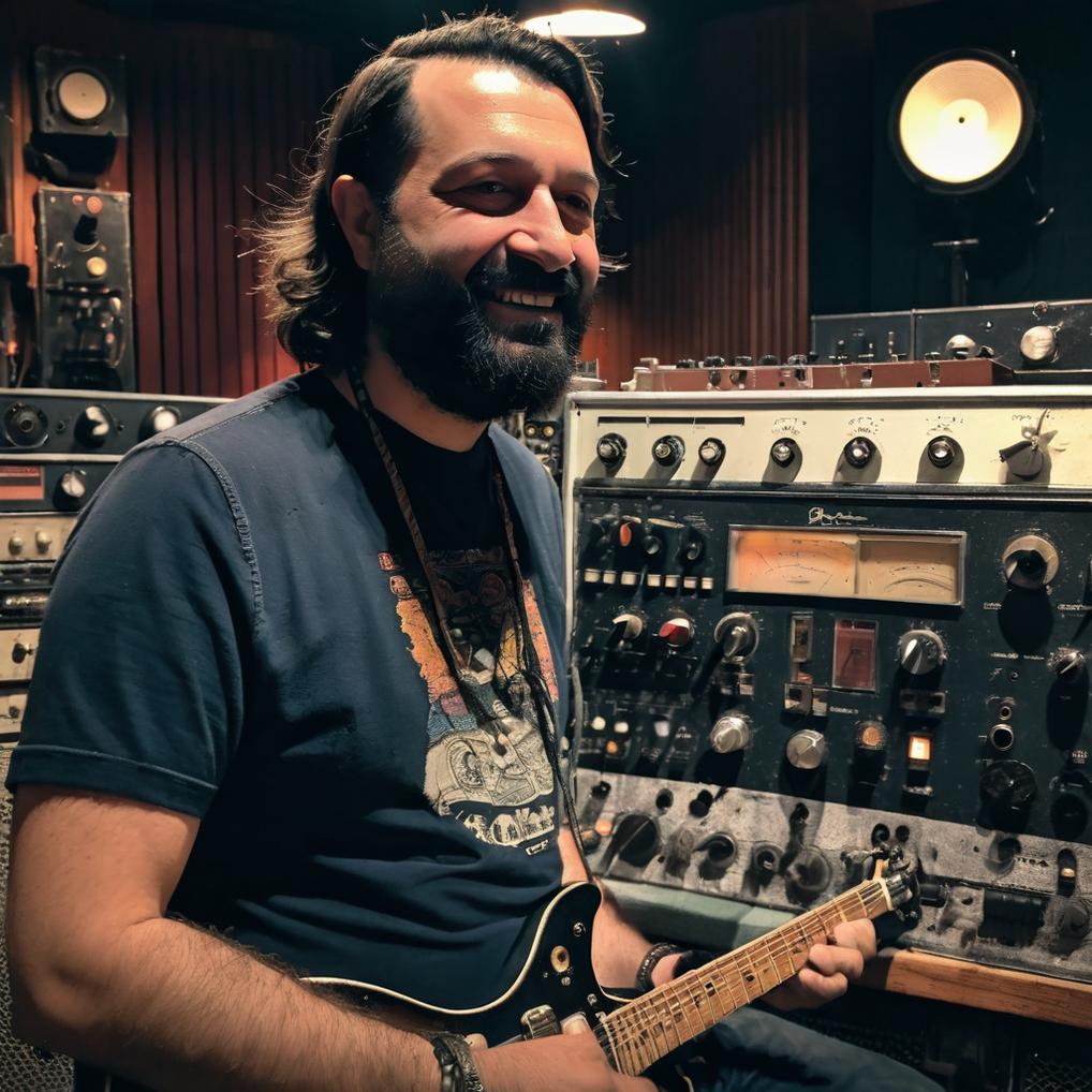 Artificial Intelligence (AI) generated image art, A vintage 1970s-style photo of man, a passionate prog rock musician, captured in a warm, analog film aesthetic. He is in a cozy, dimly lit recording studio filled with retro equipment—reel-to-reel tape machines, classic amplifiers, and a well-worn mixing console. man has a thicker, slightly unkempt beard and long, wavy hair, embodying the free-spirited rock vibe of the era. He is mid-laugh, exuding joy and creative energy, possibly holding a guitar or adjusting sound levels. The lighting is soft and warm, with a slight grain, giving the image an authentic '70s rock documentary feel