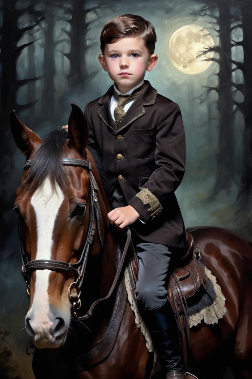 Artificial Intelligence (AI) generated image art, man (Young English royal boy) (Victorian Era) (dark brown hair) ((dark BROWN detailed eyes with long lashes)) (brown velvet riding attire) (riding a horse) (deep dark forest moonlit foggy) ((oil painting portrait)) (face of selected model) (no nose altering)