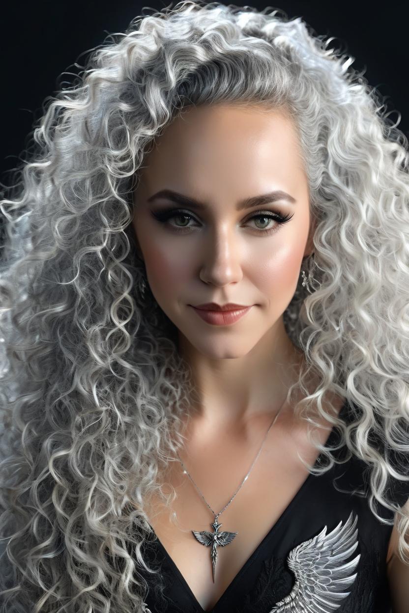 Artificial Intelligence (AI) generated image art, woman, with long, silver, naturally curly hair, as a gorgeous Beautiful Angel Woman with outstretched Angel wings black, feather texture, full body shot, Beautiful face, Athletic, black dress, cosmetic textures, Realistic face, Beautiful eyes, cosmetic features, highly Detailed face, Detailed eyes. Photorealistic, Attractive Model Masterpiece, Artstation. 8k sharp focus, photorealism