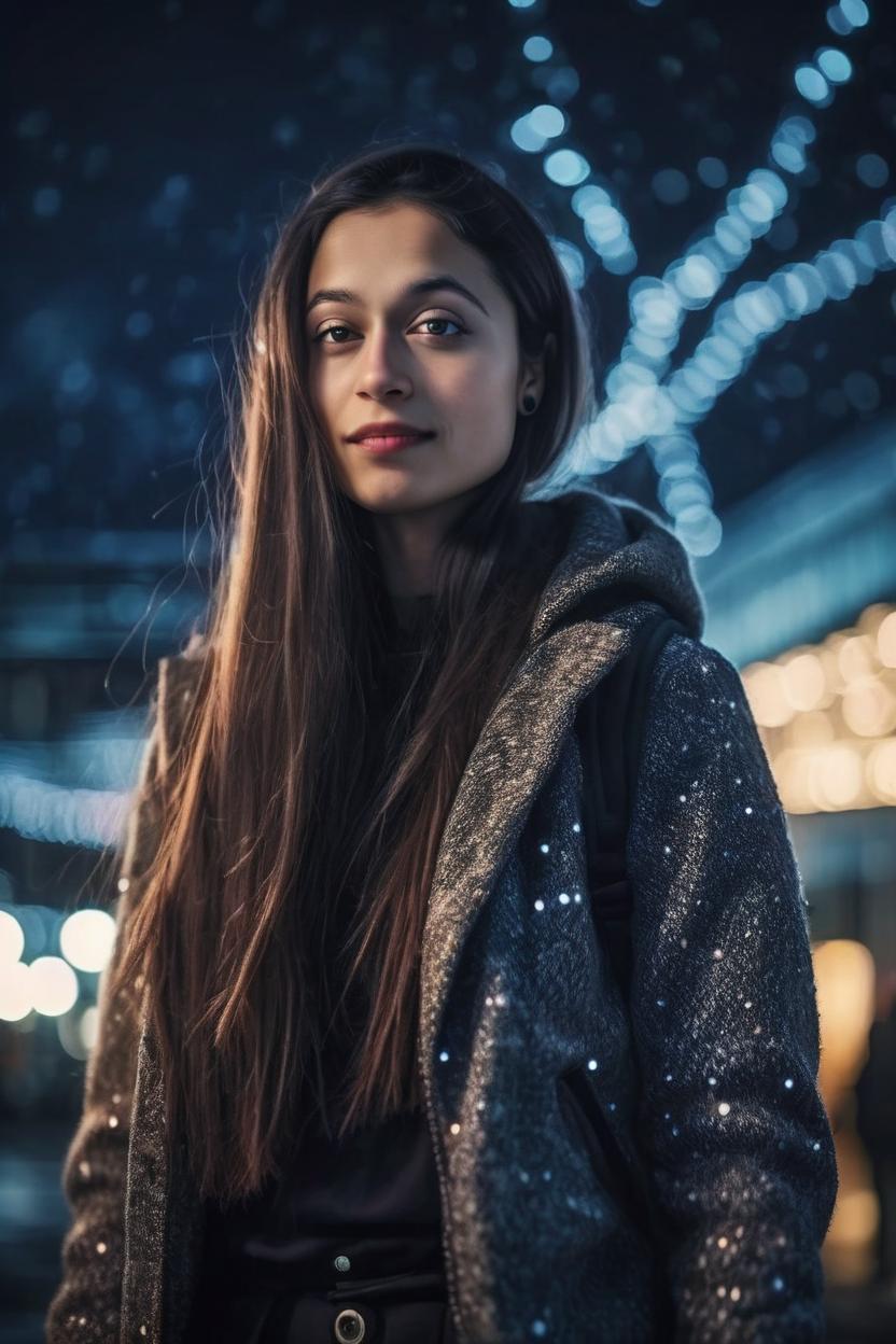 Artificial Intelligence (AI) generated image art, woman, stylish outfit, ((dark lighting)), (bokeh background), photorealistic, cinematic, 4k, highly detailed, sharp focus, in Iceland, long hair