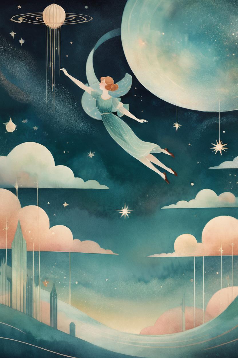 Artificial Intelligence (AI) generated image art, man, A delicate illustration depicting a whimsical scene of an elegant art deco-inspired figure gracefully drifting through the serene expanse of outer space, rendered with a soft, sweet aesthetic that captures the beauty of cosmic tranquility and ethereal movement, blending vintage design elements with a dreamlike celestial landscape.