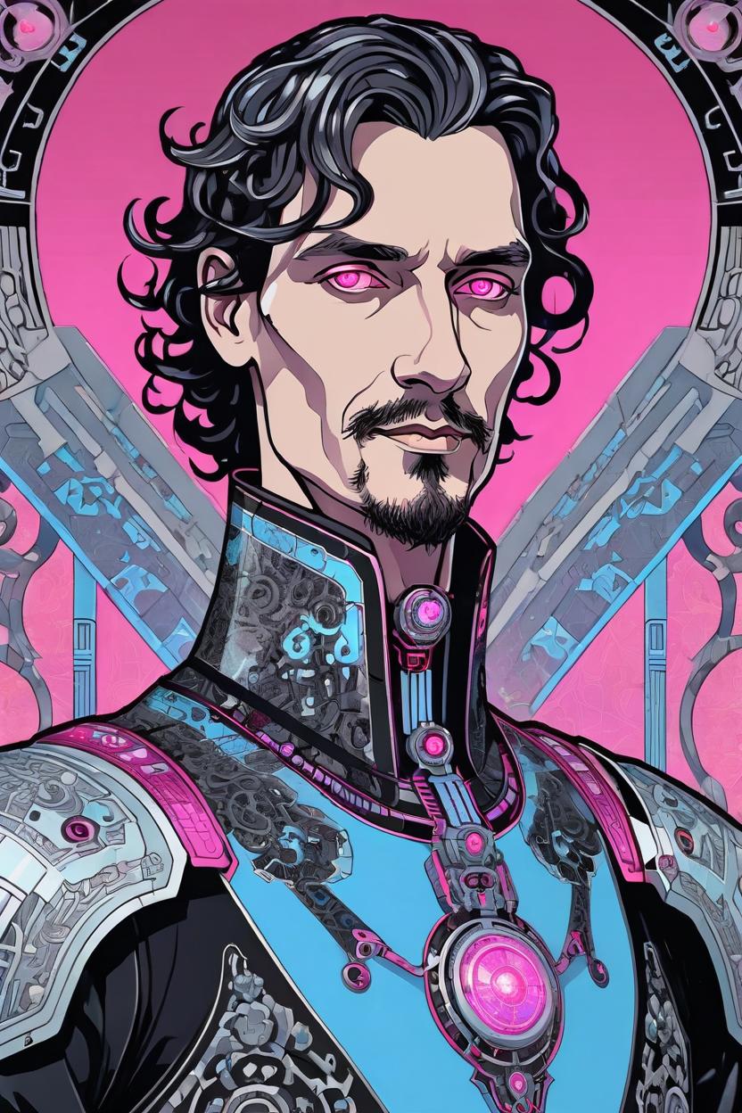 Artificial Intelligence (AI) generated image art, (man), portrait, artwork by Ivan Bilibin .Art Nouveau, tarot, cyberpunk, hot pink and black android, cyborg, robotic, with black hair, ice blue eyes, dark silver and black robotic details, full body head to toe portrait, voluptuous plus-sized full body portrait, fantasy, scifi, gaussian haze, glowing nebula in background.