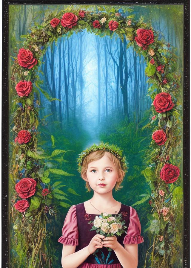 Artificial Intelligence (AI) generated image art, person, as Greek goddess Persephone, holding decaying flowers in one hand,black and blue underworld background, sandy blonde short hair, innocent looking, blue eyes, deep red rose flower crown looking  ethereal and serene, in the style of tarot card art, pink aura, living ferns and vines with thorns mixed with dead flower and decaying vines border the frame around her. Blue Fog rises in background, she is 9 years old (realistic) (realism)