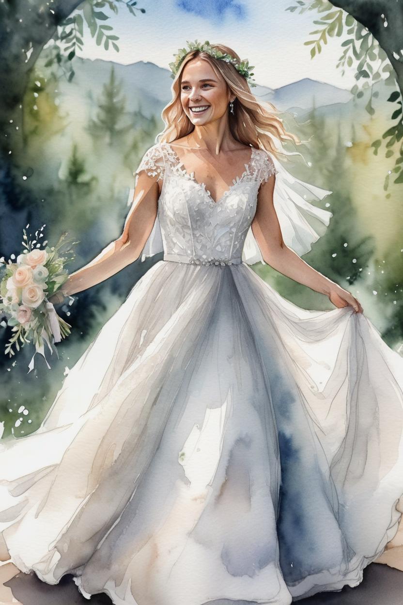 Artificial Intelligence (AI) generated image art, woman as beautiful bride getting married, fairytale wedding, outdoor, ultra detailed illustration, dancing, watercolor, fairy flowy wedding dress
