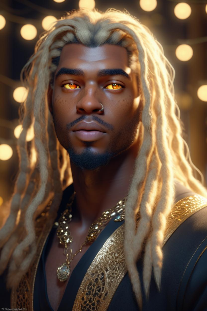 Artificial Intelligence (AI) generated image art, man, as a majestic god with two Savannah cats, man, mysterious, beautiful blonde long hair, hazel eyes, soft fairy lights, golden notes, lace, highly intricate details, 3d, cgi, realistic light, trending on cgsociety, glowing eyes, ultra realistic details, pose, portrait, fantasy atmosphere, global illumination, shadows, octane render, 8 k,