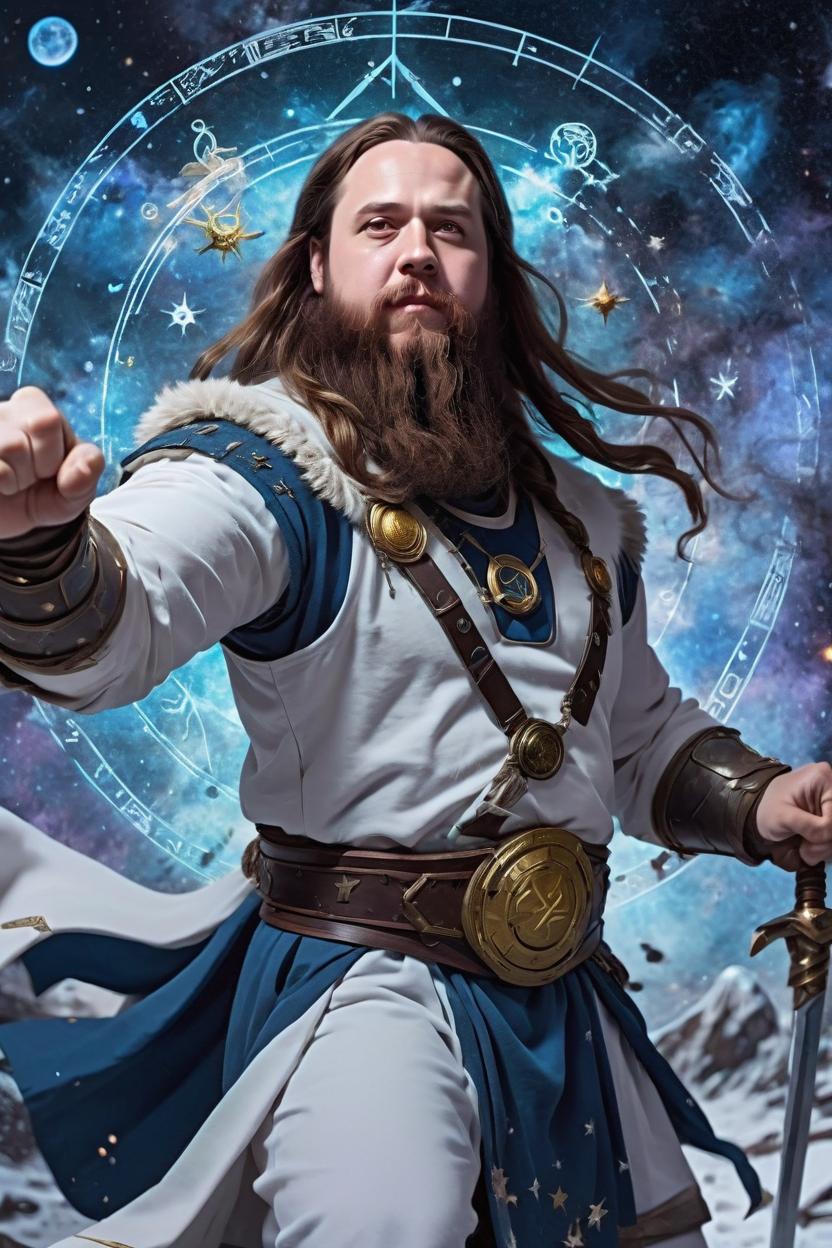 Artificial Intelligence (AI) generated image art, man as astrological god, fighting in galactical wars, artistic illustration, majestic figure, sci-fi movies, anime style, beautiful, graceful, elegant, warrior, wise, balanced