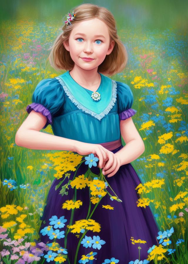 Artificial Intelligence (AI) generated image art, person, ((portrait)), beautiful short sandy blonde haired girl with child like blue eyes, she is innocence, she is purity, she is precious, highly detailed illustration, in a garden holding a bunch of colorful eye-catching wild flowers, deep focus, she is 9 years old, magical art, artistic intricate, elegant, highly detailed, digital painting, artstation, concept art, matte, sharp focus, (accurate portrait of person) (real likeness to person)
hyper focus illustration, hearthstone, art by artgerm and greg rutkowski and alphonse mucha and marco mazzoni, vibrant colors, orange, yellow, pink, green, purple, blue, clouds, pink, black, yellow and red colors faintly peek in bursts throughout the background in hollowgraphic prisms, forget me not flowers are in person's hair, (person) (realistic portrait) ferns and fiddlesticks in background amongst the flowers.