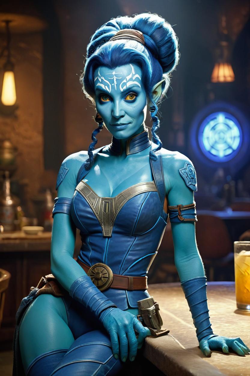 Artificial Intelligence (AI) generated image art, woman as (((Aayla Secura))), female (((twilek))), star wars, portrait, set in Mos Eisley cantina, blue skin, two ((lekku)), clone wars art by Genndy Tartakovksy, illustration, star wars movie poster, as Aayla Secura twilek with two lekku tentacle, by Greg Rutkowski, cinematic dimly lit background lighting, 8k, sharp focus