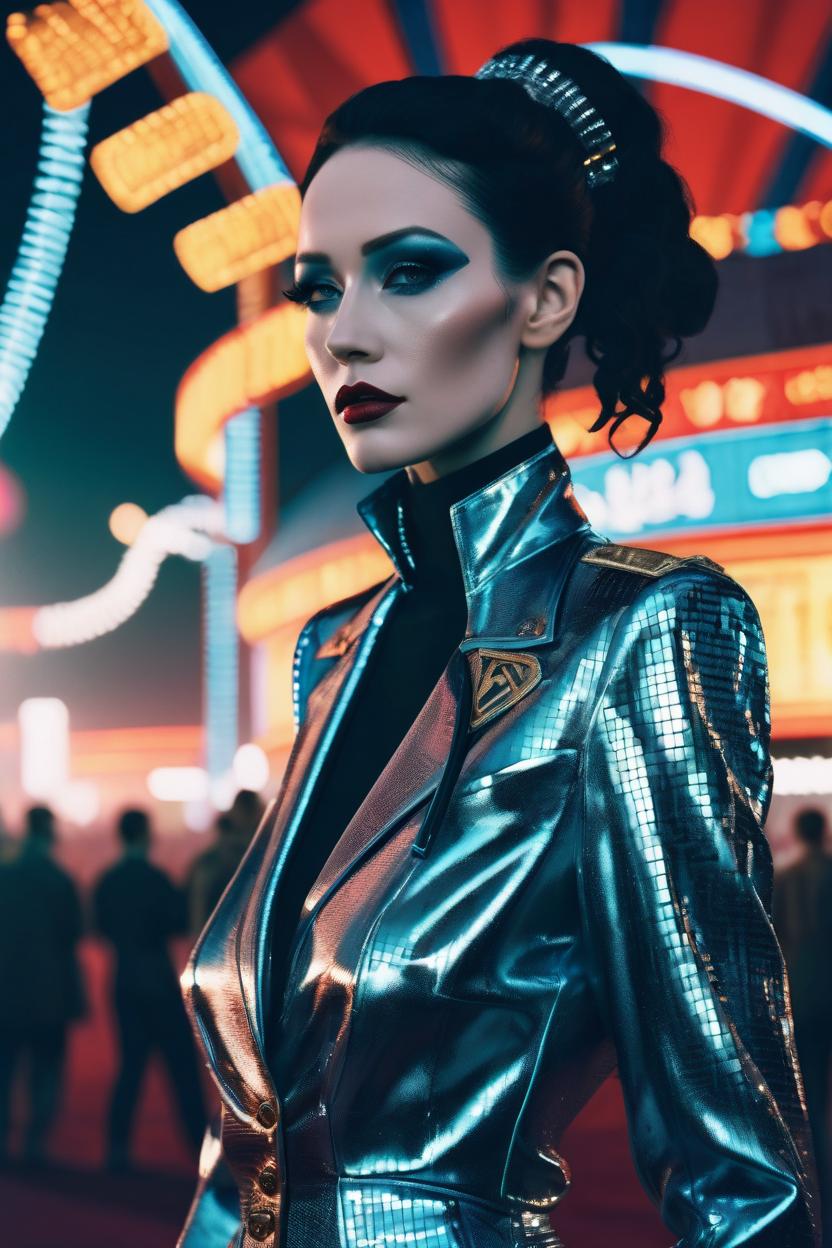 Artificial Intelligence (AI) generated image art, woman, Retrofuturistic portrait of woman at the world circus, hyperrealistic, octane render, relistic CGI, ProPhoto RGB, surreal engine, 35mm, Ultra hd! realistic! marc jacobs fashion magazine photoshoot, futuristic fashion, most beautiful faces in the world, female posing, chrome outfit, surreal landscape, photo in 90\'s fashion style, medium format, fuji superia 400, iso 400, cinematic, surrealistic, 8k