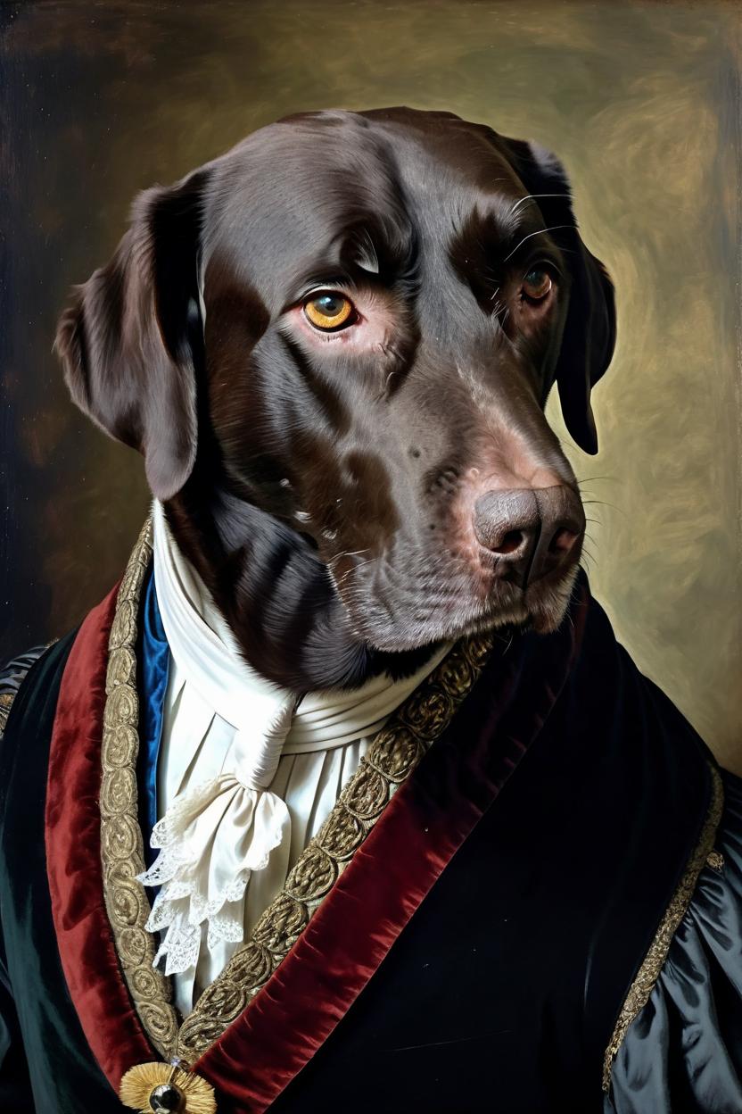 Artificial Intelligence (AI) generated image art, dog, please use this dog's head put on a tudor aristocrat human's body. please make this like a painting from the tudor period of history. make the dog's face look majestic. portrait similar to herny the eighth. less photorealistic and more obviously a painting. ornate clothing. portrait of body, no legs. human body, dog head.