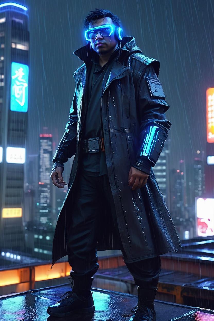 Artificial Intelligence (AI) generated image art, (man portrait), futuristic cyberpunk jedi knight, in heavy raining futuristic tokyo rooftop cyberpunk night, digital painting, cinematic lighting, sharp focus