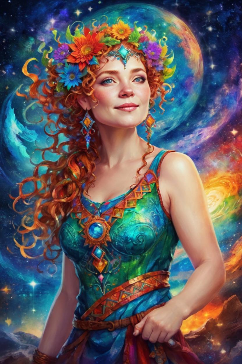 Artificial Intelligence (AI) generated image art, woman, beautiful, fantasy art in the style of Kinuko Y. Craft Goddess of the Universe. Colorful and vivid.