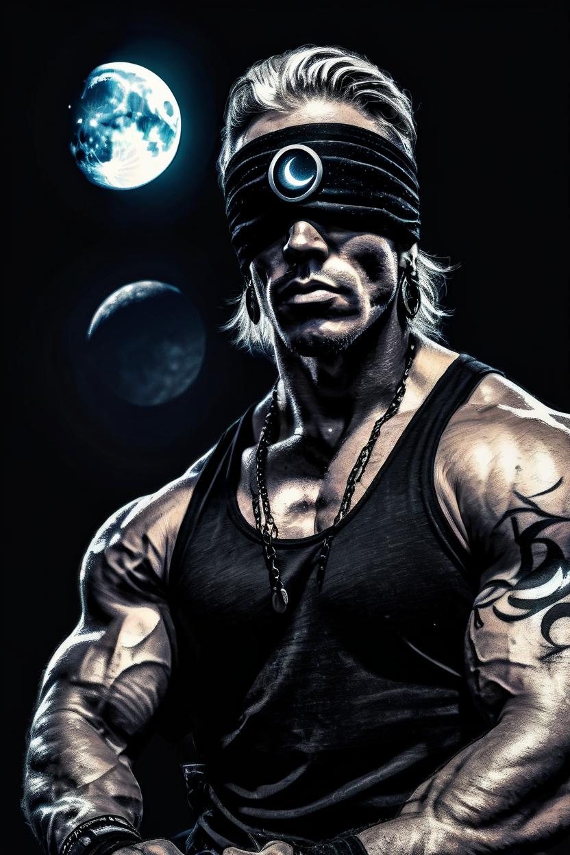 Artificial Intelligence (AI) generated image art, man, as a natiral looking bodybuilder, meditating on the moon, in a black blindfold made from cloth, eyes glowing behind the blindfold, digital art by Gege Akutami, portrait