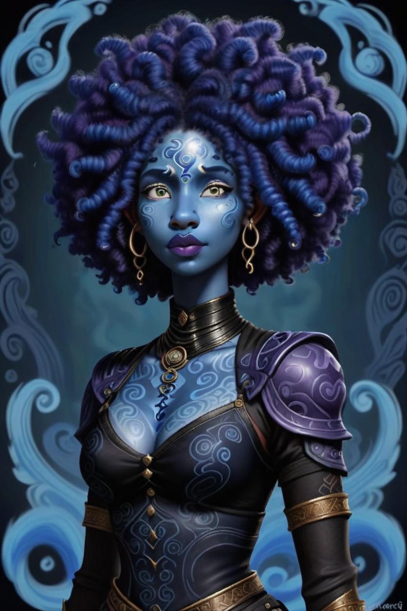 Artificial Intelligence (AI) generated image art, woman A female air genasi with cornflower blue skin, navy, 4c curly hair and cerulean eyes. Her hair is full like fluffy clouds. She has royal blue swirls in patterns like tattoos on her skin
She is 5’10”, 150lbs. Her nose and lips are full due to African heritage.
She is fully clothed in leather armor over a silk, long sleeved flowing tunic and soft leather tights. The leather armor is so dark purple it’s almost black. Rogue DnD style