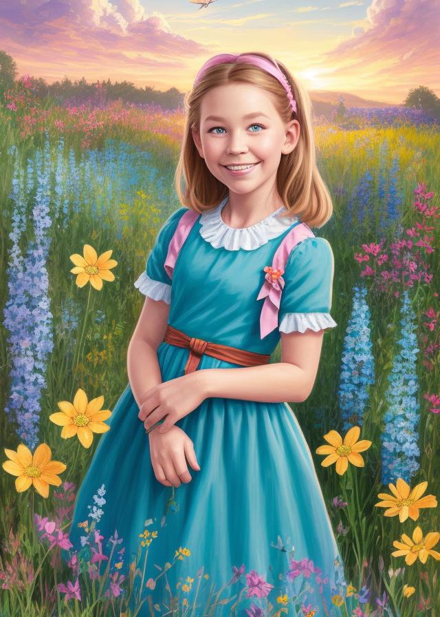 Artificial Intelligence (AI) generated image art, (person), ((portrait)), a beautiful sandy blonde haired (felicity) 9 year old girl with big blue eyes, highly detailed illustration, in a garden holding a bunch of colorful eye-catching wild flowers, forget me nots flowers, ferns and fiddlesticks ferns dot the meadow around her, deep focus, purity, innocence, intricate, elegant, highly detailed, digital painting, artstation, concept art, sunset, matte, sharp focus, illustration, hearthstone, art by artgerm and greg rutkowski and alphonse mucha and marco mazzoni, vibrant colors, orange, pink, yellow, blue, green, purple, red, wildflowers in the meadow, (felicity) is wearing a light blue dress with pink silk ribbons on the skirt of her dress, beautiful girl (felicity is happy)