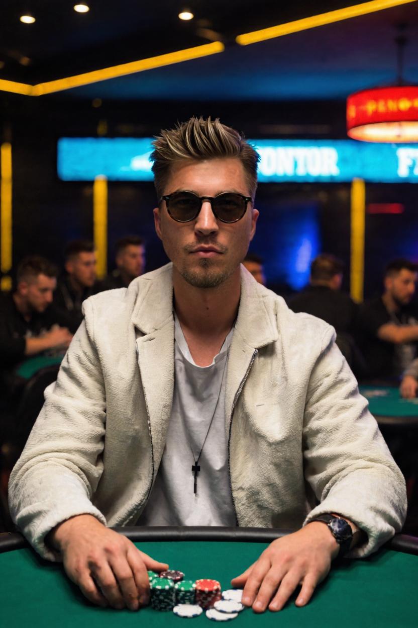 Artificial Intelligence (AI) generated image art, man, sitting at a table of a poker tournament