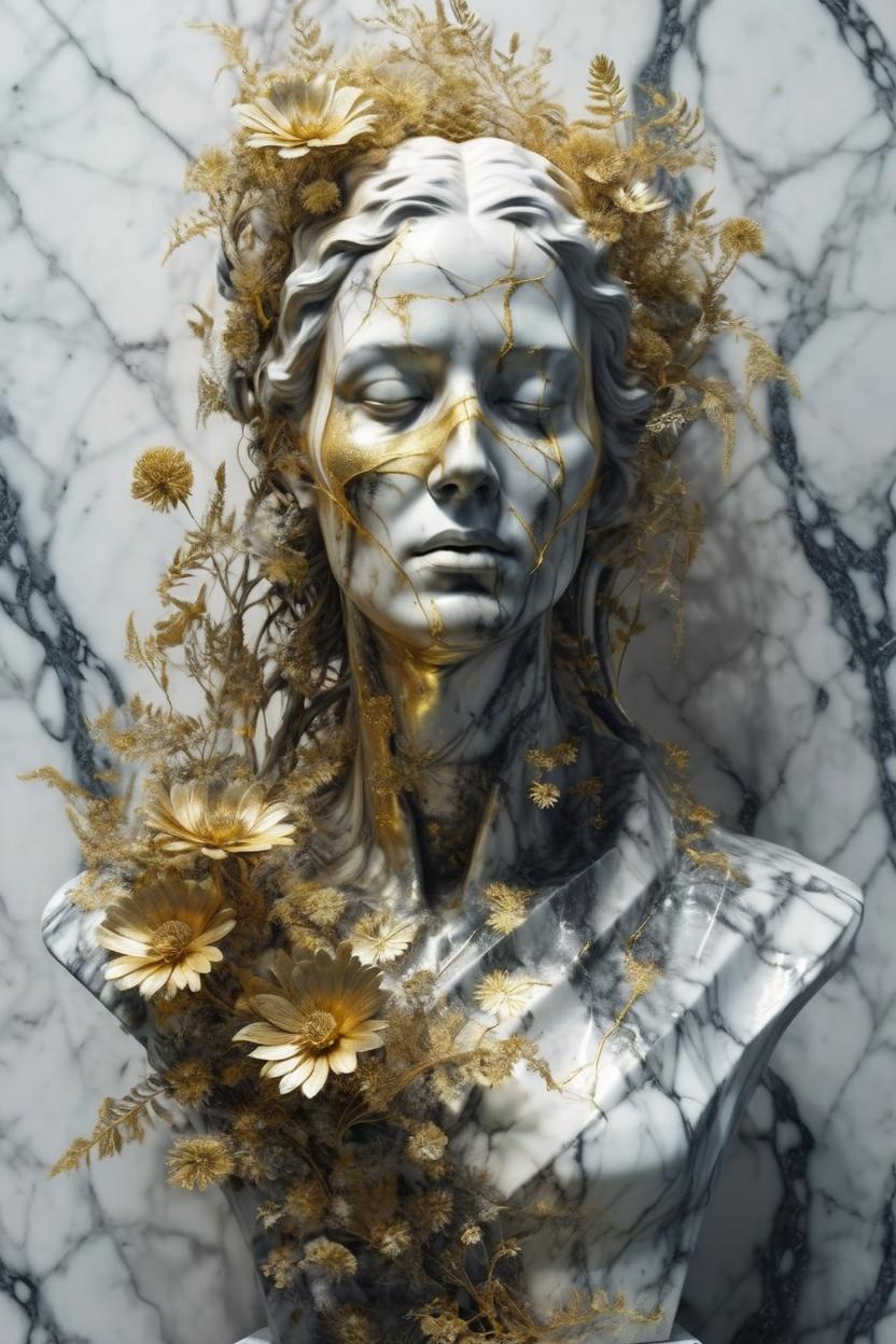 Artificial Intelligence (AI) generated image art, woman, a sculpture of a person with flowing golden tears, fractal plants and fractal flowers on the skin, a marble sculpture by nicola samori, behance, neo - expressionism, marble sculpture, apocalypse art, made of mist, octan render