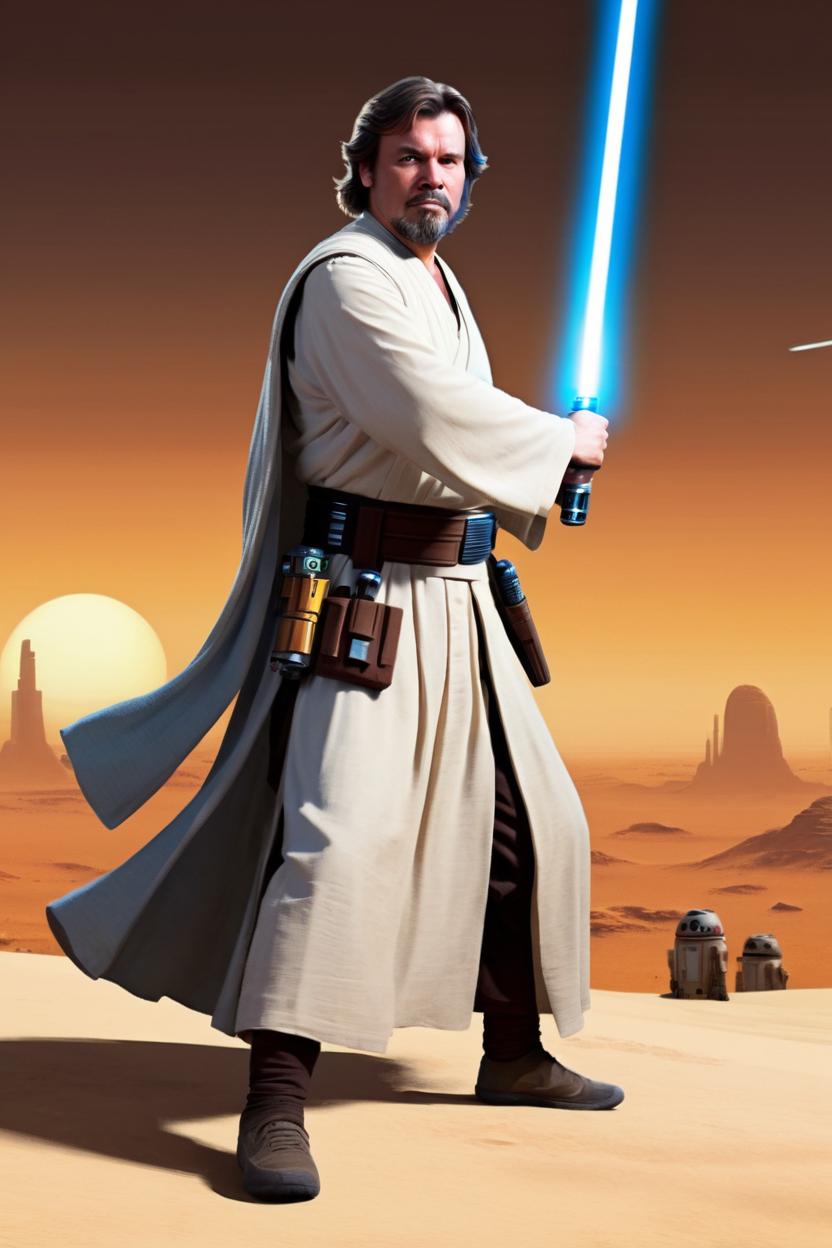 Artificial Intelligence (AI) generated image art, man, in the style of Ignacio RC, a Jedi with lightsaber, action pose, with the setting suns of Tatooine in the background.