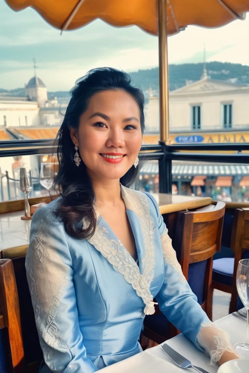 Artificial Intelligence (AI) generated image art, woman as a beautiful elegant women wearing French old rich style cloth sitting at the chic restaurant background Almafi. Kodak lens sharp portraits dreamlike.