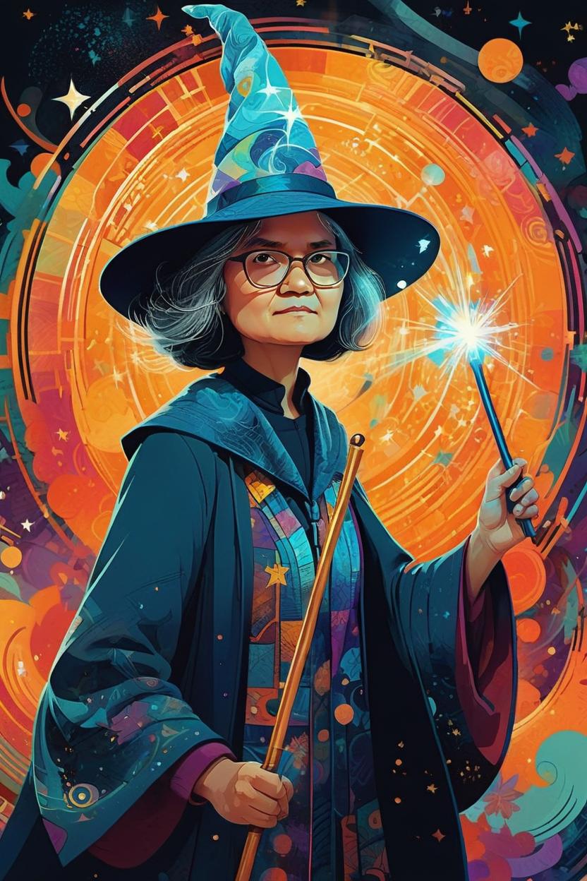 Artificial Intelligence (AI) generated image art, woman, as a wizard with a magic wand, ( ( dither ) ), editorial illustration, modern art deco, colorful, ( ( mads berg ) ), christopher balaskas, victo ngai, rich grainy texture, detailed, dynamic composition, wide angle, moebius, matte print