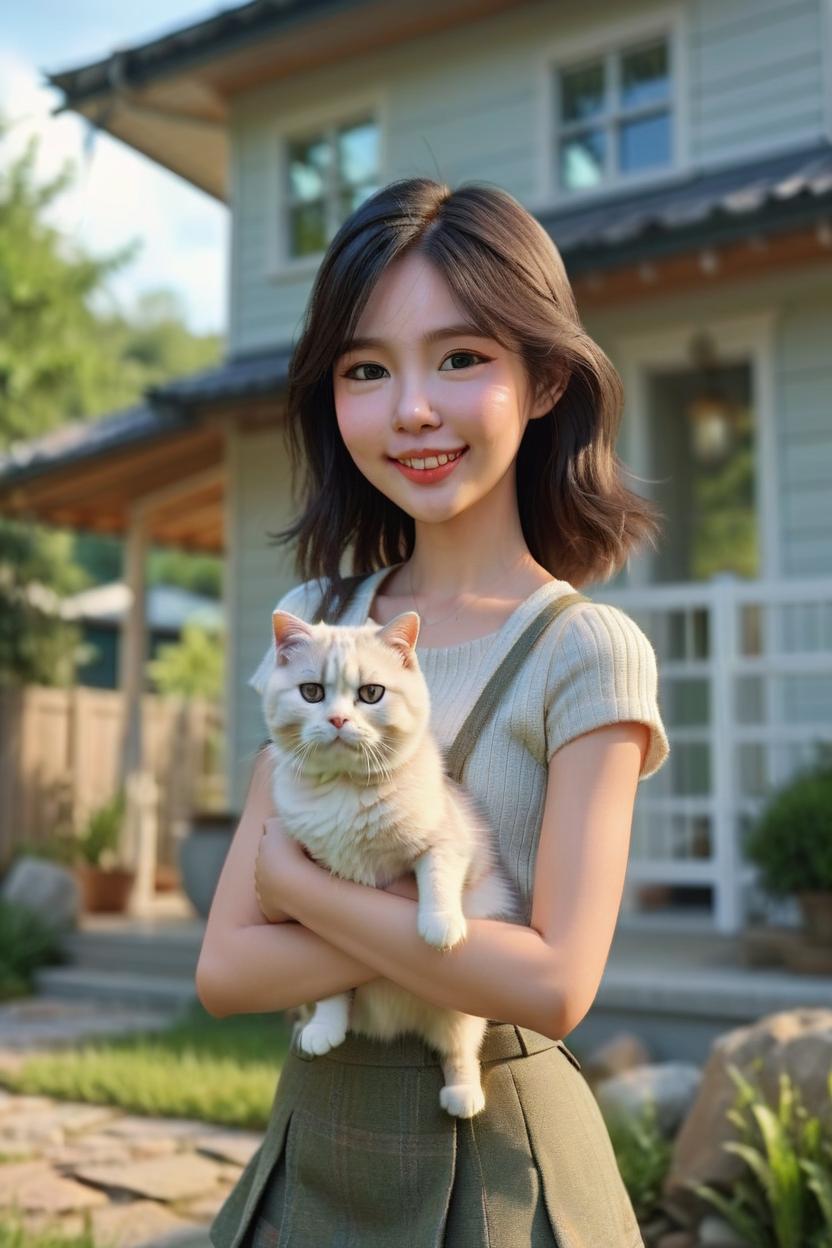 Artificial Intelligence (AI) generated image art, man, standing in front of a modern English-style house, holding two cats. One cat is a cream-colored Scottish Fold and the other is a tabby Scottish Fold with medium-length fur, big eyeman. cute and adorable very beautiful girl, character design by Mark Ryden and Pixar and Hayao Miyazaki, unreal 5, DAZ, hyperrealistic, octane render, cosplay, RPG portrait, dynamic lighting, intricate detail,Straight teeth