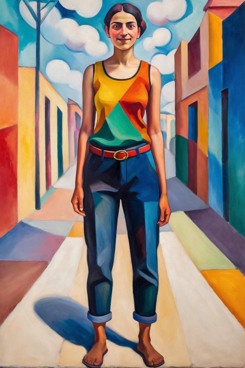 Artificial Intelligence (AI) generated image art, Fullbody view of woman in an oilpainting (small empty area above head) with simplified face and body in the colorful style of August Macke