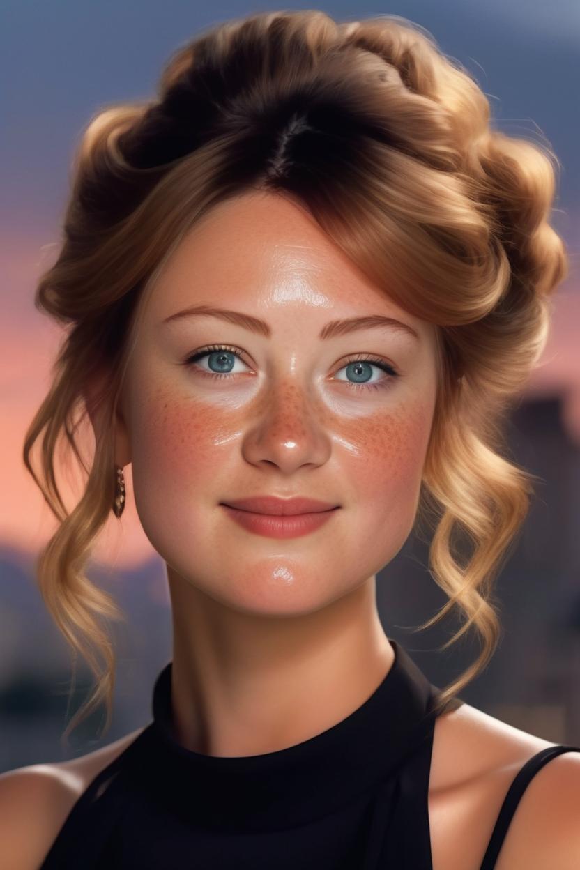 Artificial Intelligence (AI) generated image art, A detailed full figure portrait of woman, exuding elegance and natural grace. Her naturally curly hair is in a voluminous, updo hairstyle with wisps of hair tenderly framing her face. Her light brown eyes are accentuated by tasteful makeup, with a few light freckles across her nose and cheeks. She wears a high-necked black top, suggesting a blend of casual refinement. The lighting should illuminate her face against a subdued background, emphasizing her calm and confident expression. High Fashion, dynamic, dramatic, elegant, High fashion Vogue cover Dramatic photography, supermodel, avant garde styletkowski, sunset, mountains in background, highly detailed, sharp focus, 4k