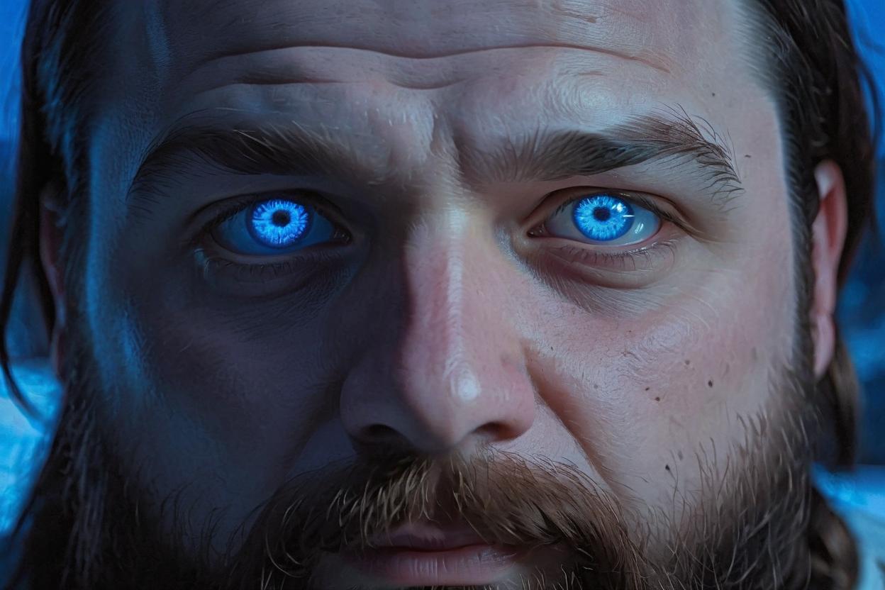 Artificial Intelligence (AI) generated image art, man, as the Lisan al-Gaib from the Dune universe surrounded by the Fremen, masculine, powerful, young, beautiful, mysterious, highly intricate details, blue eyes, realistic light, glowing eyes, without glasses, ultra realistic details, pose, portrait, fantasy atmosphere, global illumination, shadows, 8k