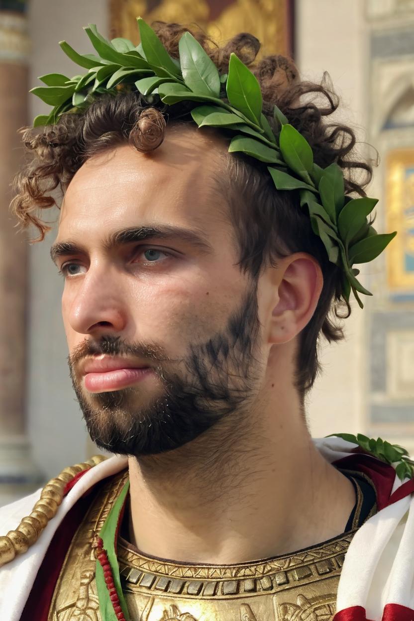 Artificial Intelligence (AI) generated image art, man, on a royal portrait, as a ancient roman emperor, wearing a laurel wreath on his head, and an ancient roman gown, realistic portrait, 4k