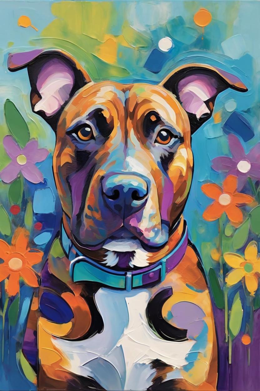 Artificial Intelligence (AI) generated image art, Create a vibrant, impressionistic painting of dog with a colorful, abstract background. The dog should be depicted with a mix of bold, expressive brushstrokes in warm hues like orange, brown, and white, set against a backdrop of dynamic, swirling colors including blues, pinks, greens, and purples. The style should evoke a sense of whimsy and joy, capturing the playful and serene nature of the cat amidst a garden of abstract flowers or foliage. The overall effect should be both lively and soothing, blending the realism of the dog with the abstract, colorful environment surrounding it.
