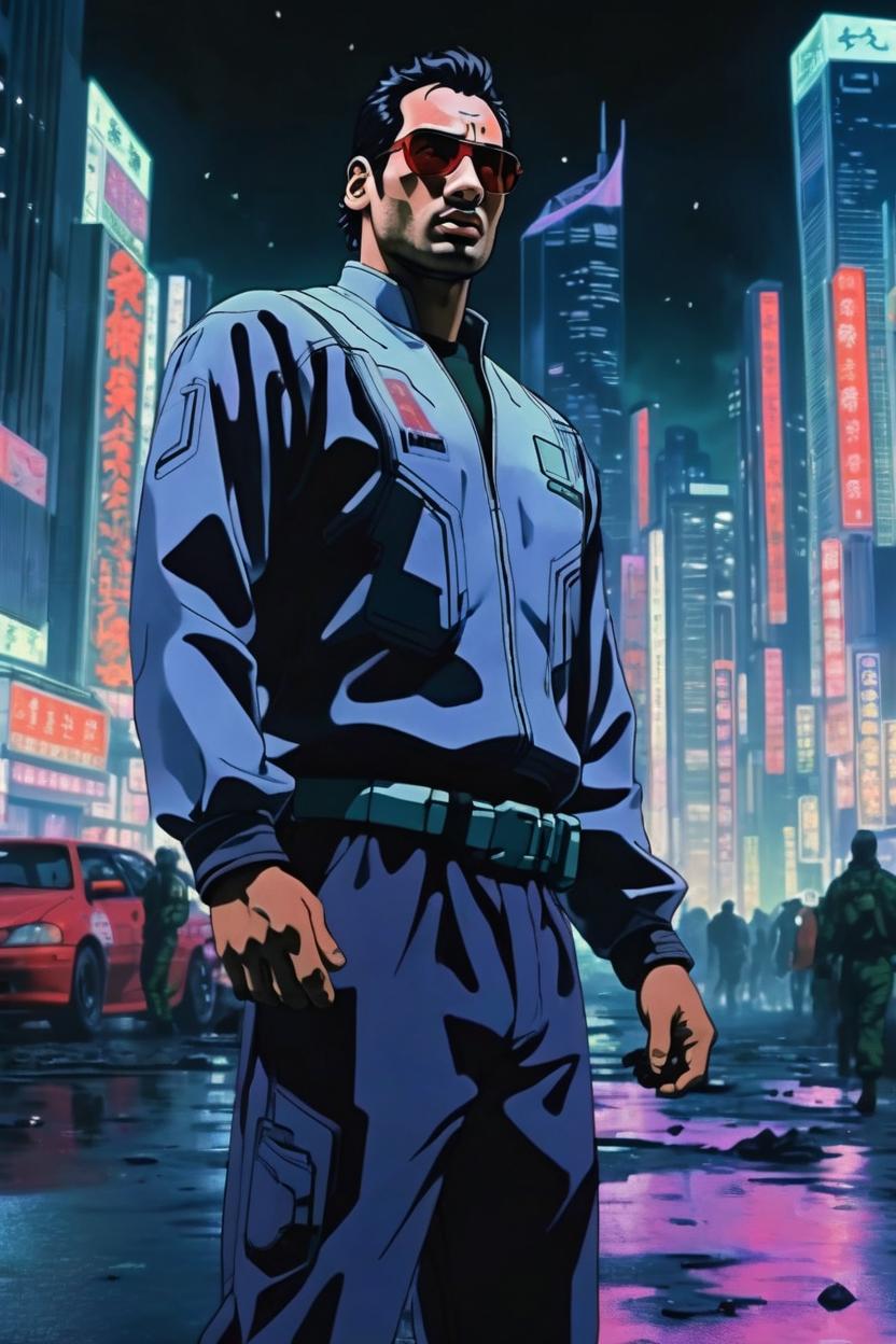 Artificial Intelligence (AI) generated image art, man, (ghost in the shell 1995 anime film), portrait, scifi city landscape, night, 90s anime style