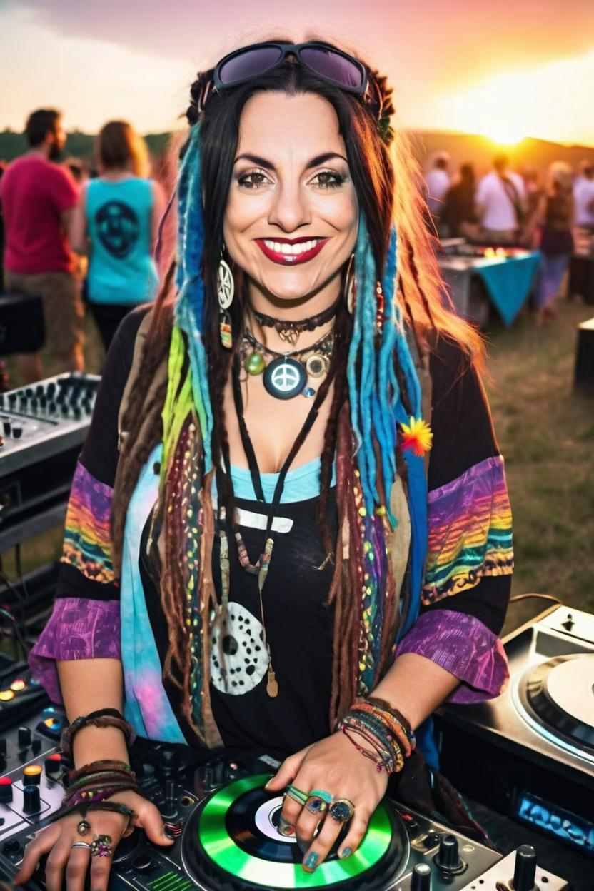 Artificial Intelligence (AI) generated image art, Beautiful woman, portrait, with coliurful dreadlocks hairstyle, hippie clothes, as a dj, in open air music event, sunset, stunning photograph