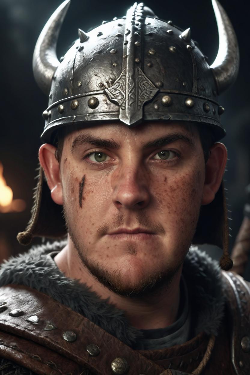 Artificial Intelligence (AI) generated image art, man, viking, ((dark lighting)), (war background), photorealistic, cinematic, 4k, highly detailed, sharp focus