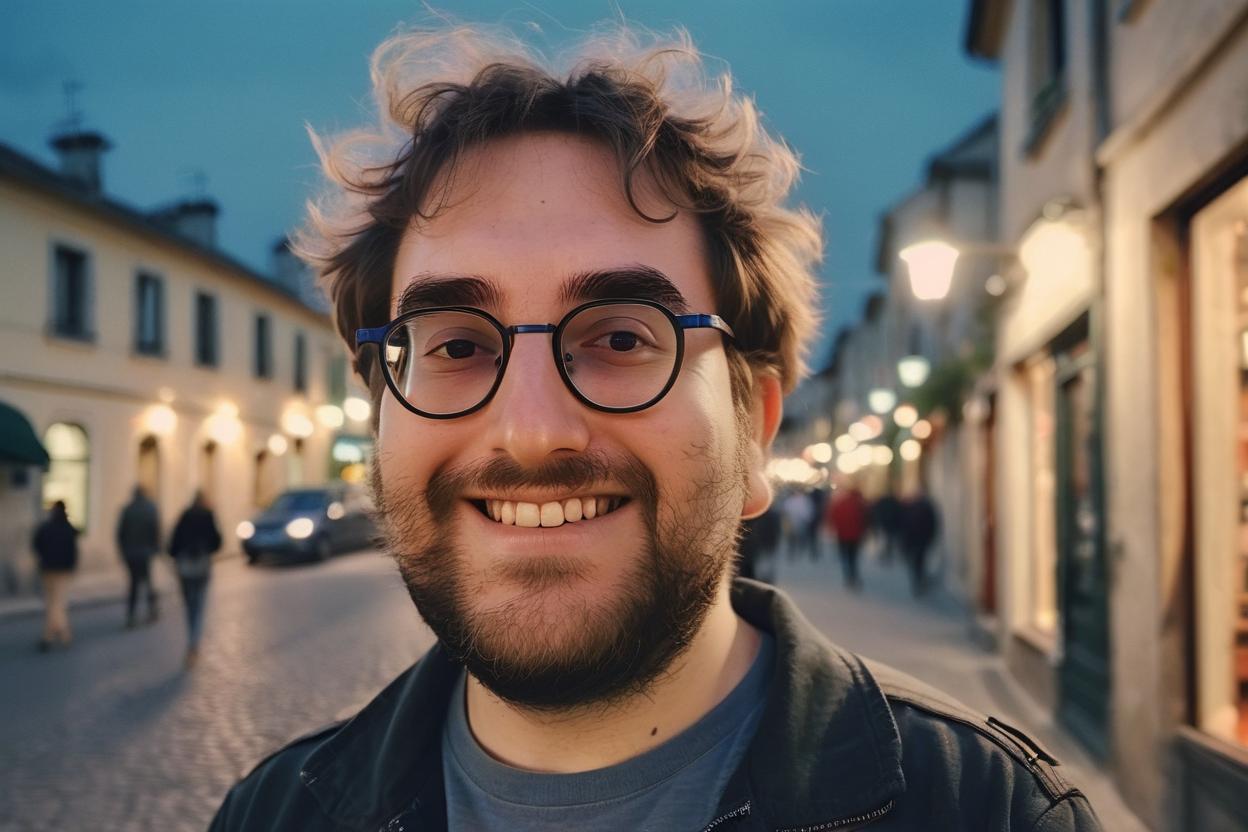 Artificial Intelligence (AI) generated image art, man, potrait, soft focus, glasses, captured in photorealistic detail, showcasing skin, hair, and clothing textures, shot on 28 mm kodak camera, twilight, pub outside old european city, bathed in twilight light (natural eyes), tinder photo, cool pose, smiling