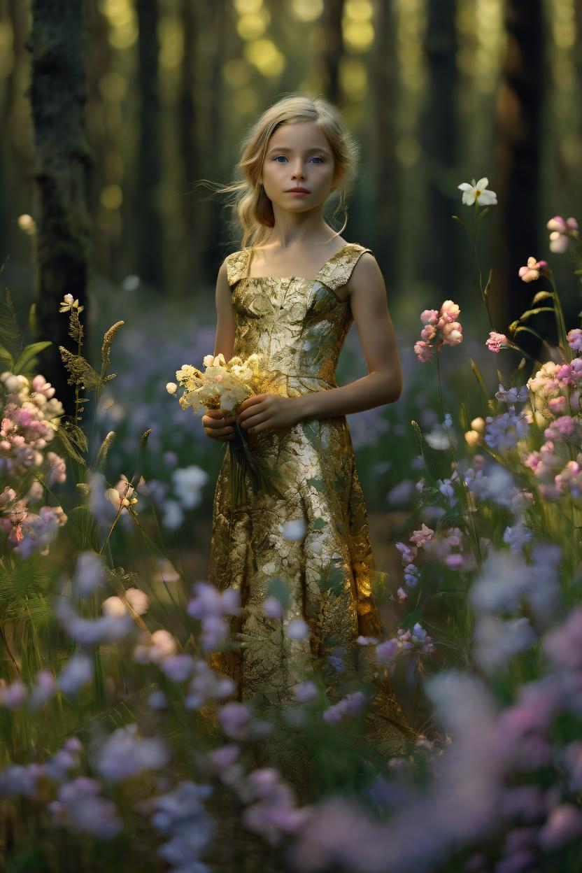 Artificial Intelligence (AI) generated image art, woman, flowers everywhere portrait of a stunningly beautiful woman, in gold light, depth of field, in a forest laden in flowers zeiss lens, detailed, symmetrical, centered, fashion photoshoot, by annie leibovitz and steve mccurry, david lazar, jimmy nelsson, breathtaking, 8 k resolution, extremely detailed, beautiful, establishing shot, artistic, hyperrealistic, beautiful face, octane render