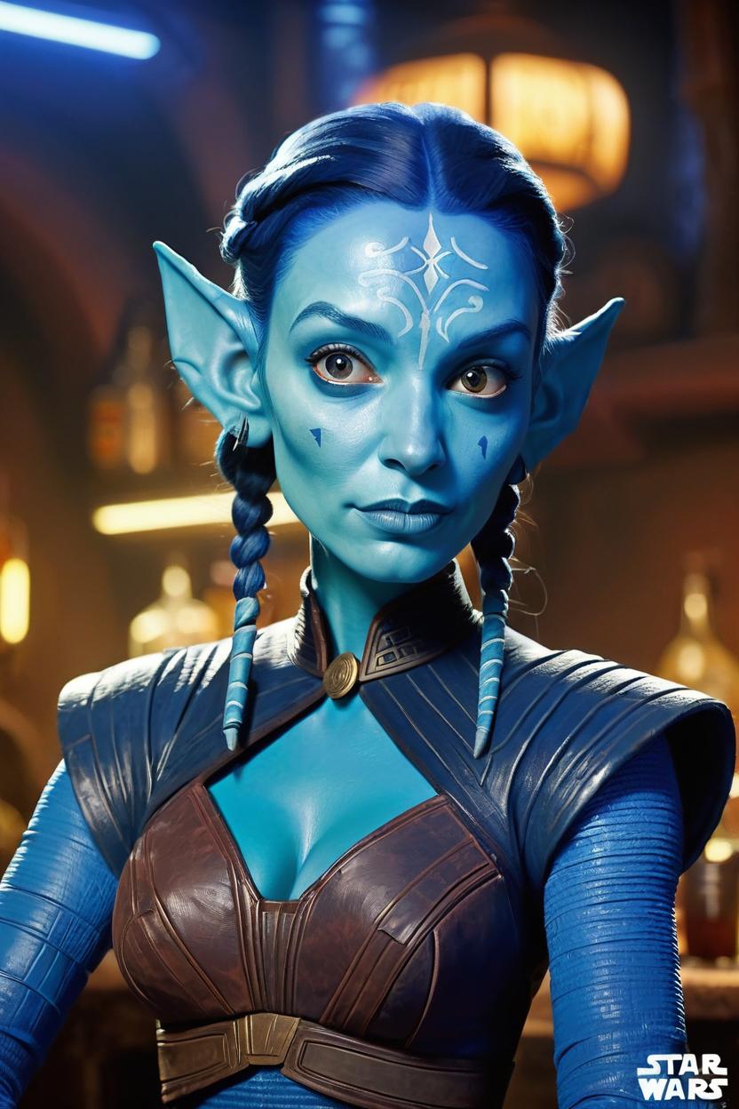 Artificial Intelligence (AI) generated image art, woman as (((Aayla Secura))), female (((twilek))), star wars, portrait, set in Mos Eisley cantina, blue skin, two ((lekku)), clone wars art by Genndy Tartakovksy, illustration, star wars movie poster, by Greg Rutkowski, cinematic dimly lit background lighting, 8k, sharp focus