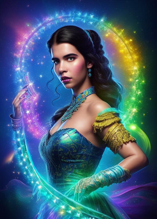 Artificial Intelligence (AI) generated image art, person as Bella of Beauty and the Beast Disney, gorgeous, perfect hands, full body, perfect face, tan skin, Antonio Manzanedo art, hyper detailed, trending on artstation, intricate details, highly detailed, Broken Glass effect, no background, stunning, something that even doesn\\\\\\\'t exist, mythical being, energy, molecular, textures, iridescent and luminescent scales, breathtaking beauty, pure perfection, divine presence, unforgettable, impressive, breathtaking beauty, Volumetric light, auras, rays, vivid colors reflects