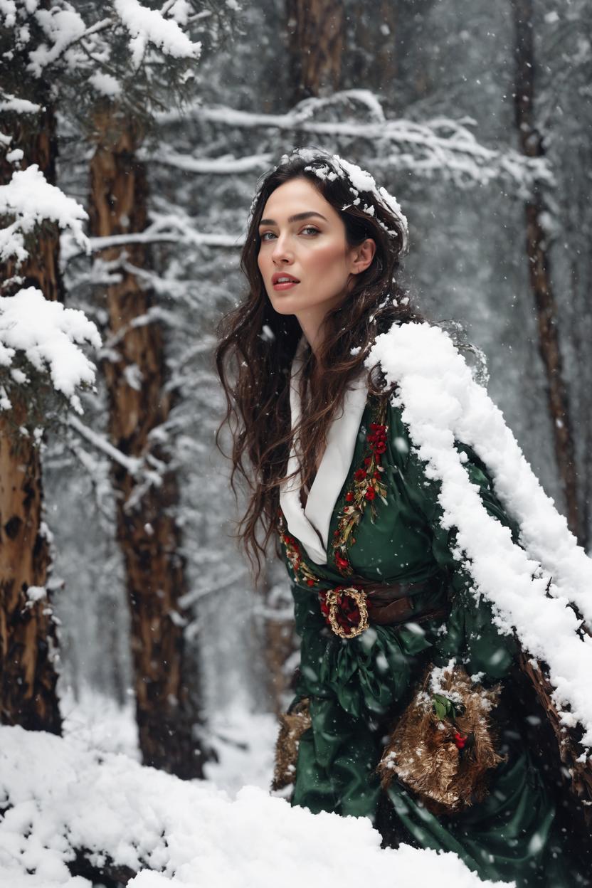 Artificial Intelligence (AI) generated image art, A photo of woman, outdoors, snow, Dolce & Gabbana, Richard Avedon style, Compose a fashion editorial featuring a Canon EOS-1D X Mark III, taking advantage of its fast burst rate and advanced autofocus system, detailed face, ultra realism