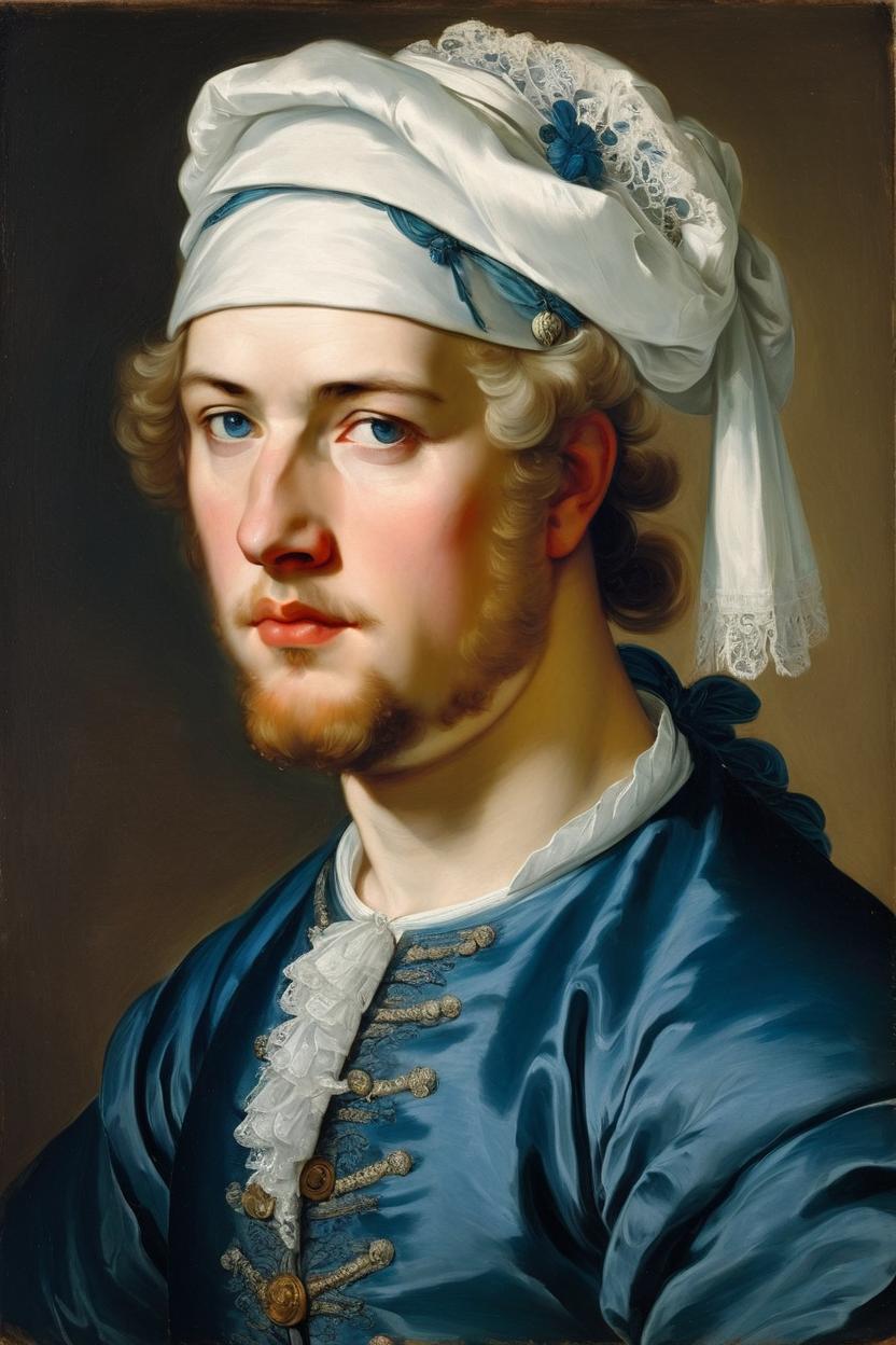 Artificial Intelligence (AI) generated image art, Old Oil painting ‘half-length’ (from head to waist) portrait of a young aristocrat man in the Rococo/Baroque time of England, Soft gaze of blue eyes, white powdered ponytail wig, pastel justaucorps outfit with french lace. Powdered face with the 1700s English male beauty standards. (leave space above head), Burly/chubby body, haughty and elegant posture. Art by Frans Hals, SIR PETER PAUL RUBENS, Rembrant, Hans Holbein II.