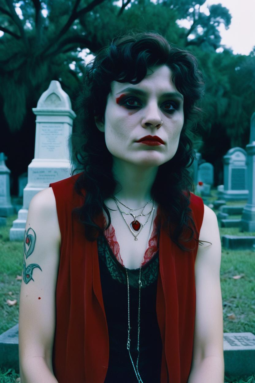Artificial Intelligence (AI) generated image art, woman, woman as vampire, cinematic, red, in New Orleans cemetery, Kodak Portra 800 film SMC Takumar 35mm f/ 2. 8 c 50, brown eyes
