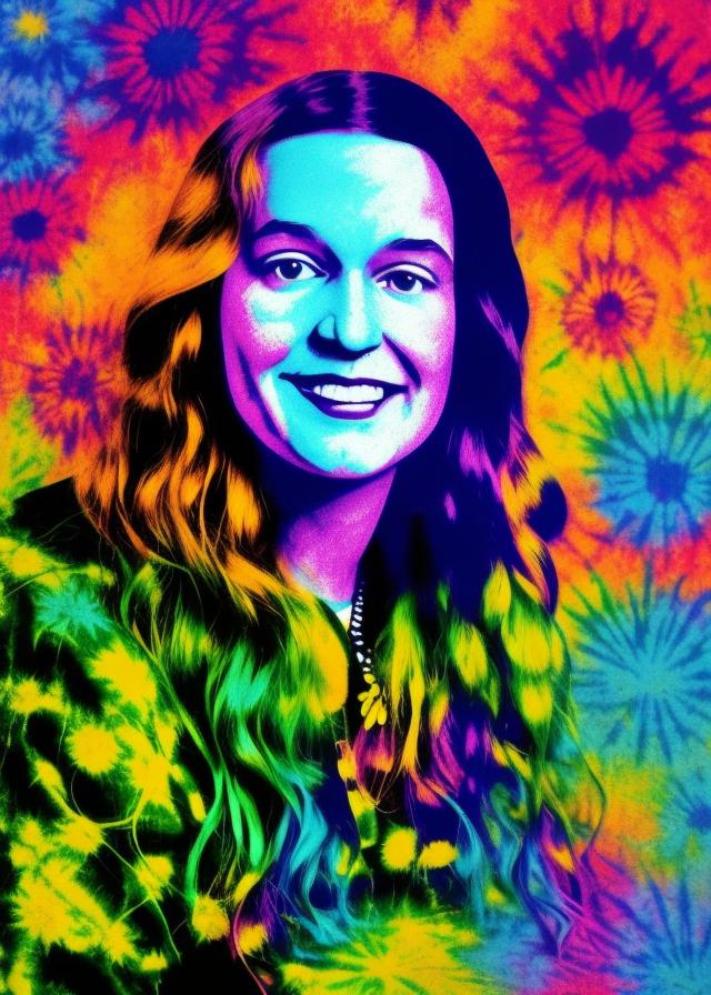 Artificial Intelligence (AI) generated image art, (person), ( ( dither ) ), portrait, (person) is 9 years old , editorial illustration public speaking, modern art deco, colorful rainbow tyedye effect, 60s era, trippy, (person) is in a pshycodelic timewave,1960s Jefferson airplane style hippie, flower power, (realistic likeness) to (model person) Beatles artwork, hippie art style
