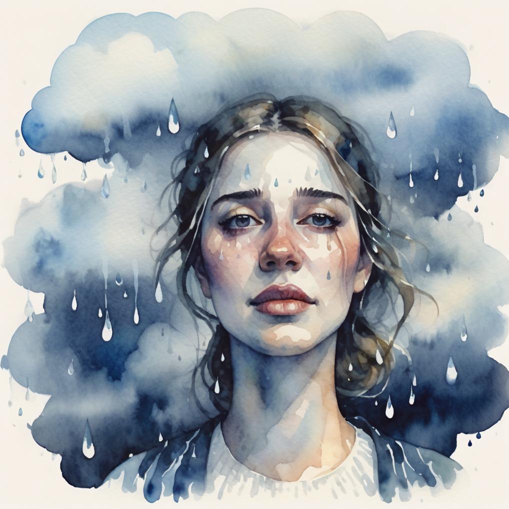 Artificial Intelligence (AI) generated image art, woman, clouds surround her floating body. she looks like she is lost. raindrops are her tears. eye of the storm. watercolor