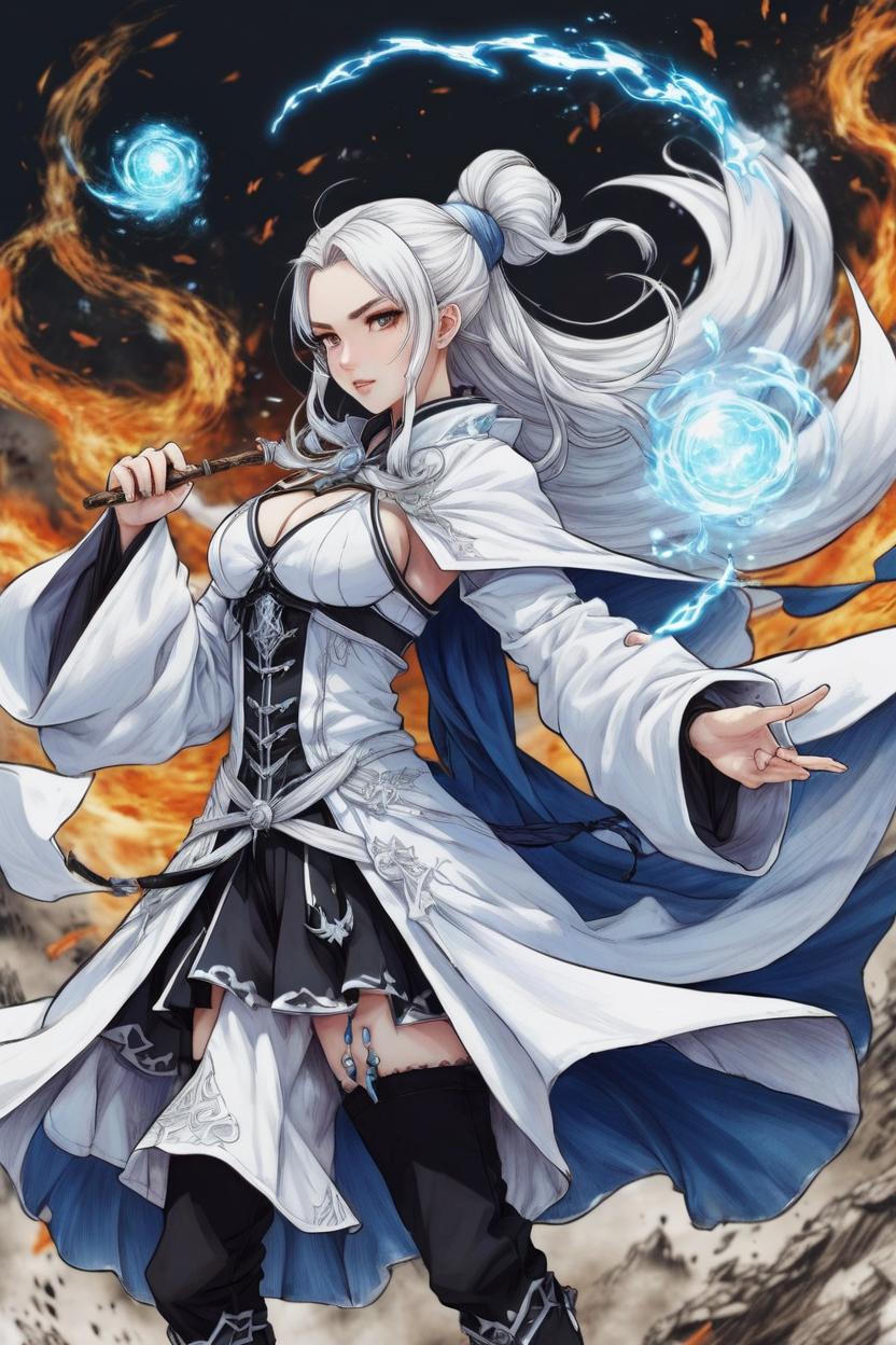 Artificial Intelligence (AI) generated image art, woman, manga concept, ink and colored pencil drawing, art by Tsukasa Abe, as Frieren the mage, HIGHLY DETAILED, frieren manga background, casting a spell, floating in the air, wearing white wizard robes, with white hair in pigtails, in a magical battle