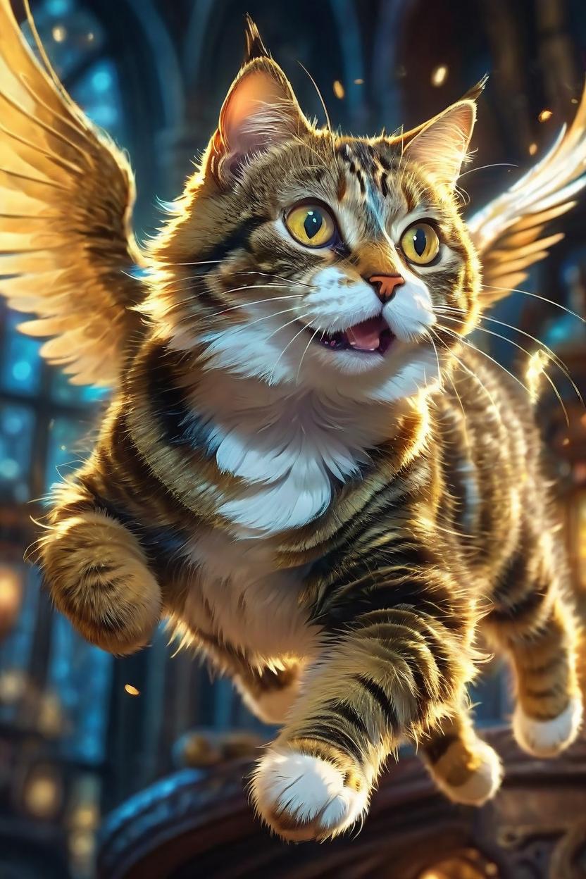 Artificial Intelligence (AI) generated image art, cat, a cute magical flying cat, fantasy art drawn by disney concept artists, golden colour, high quality, highly detailed, elegant, sharp focus, concept art, character concepts, digital painting, mystery, adventure