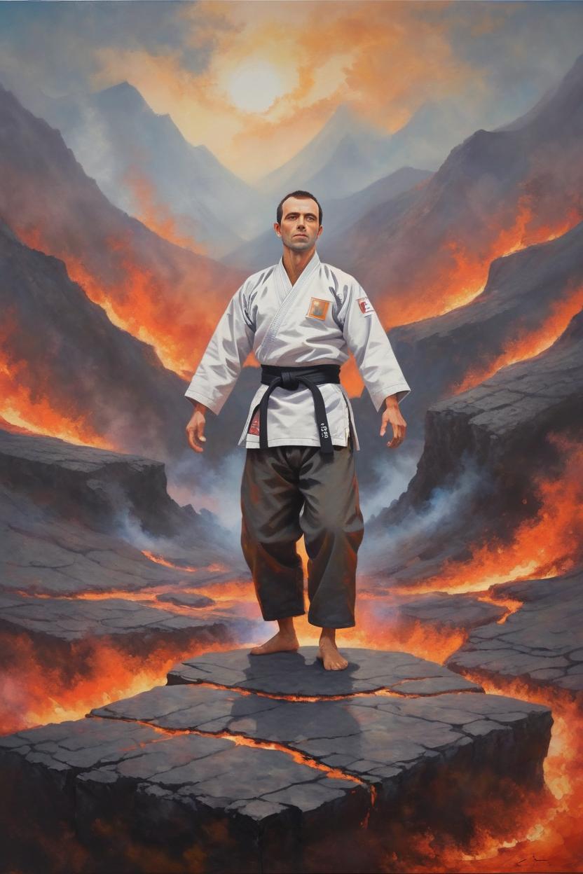 Artificial Intelligence (AI) generated image art, man, art by greg rutkowski, floating over a scorched land filled with lava, meditation pose, wearing a judo gi, beautiful colors, award winning art, ethereal
