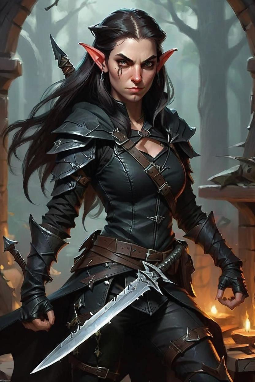 Artificial Intelligence (AI) generated image art, woman, as dark assassin with daggers, ((fantasy high elf)), sneaky, black leather, dnd art, (art by Greg Rutkowski),
